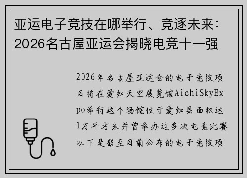 亚运电子竞技在哪举行、竞逐未来：2026名古屋亚运会揭晓电竞十一强